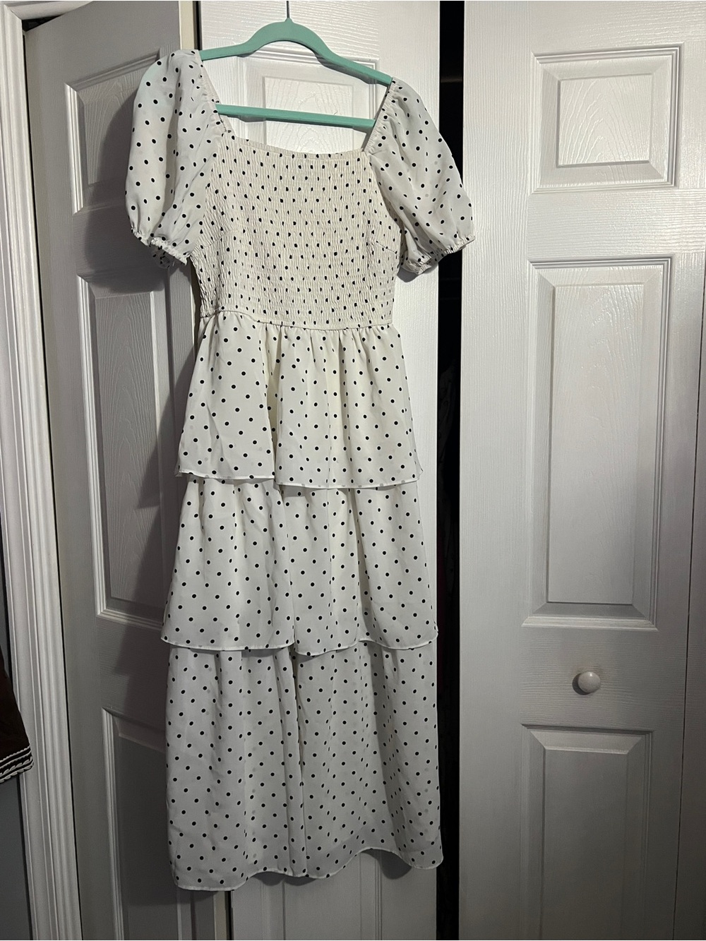 Smocked White Maxi Dress with Black Polka Dots